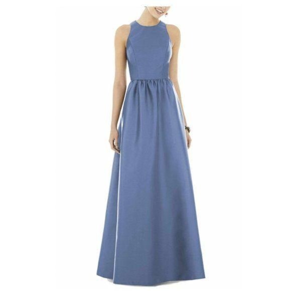 ALFRED SUNG Blue Satin Halter Jewel Neck Gown - Picture 2 of 8